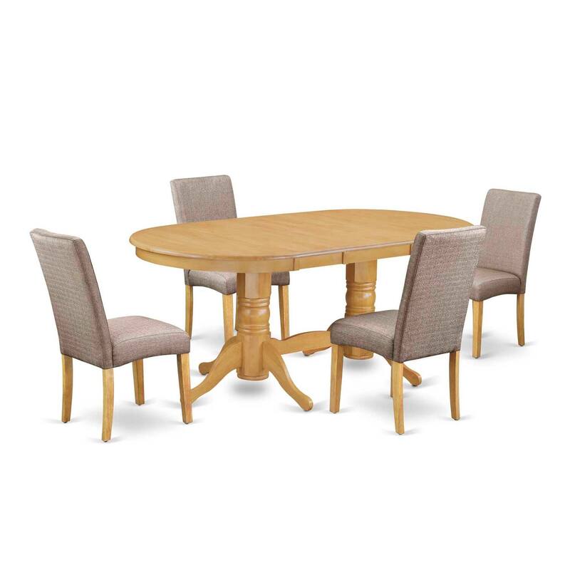 Dining Room Set 5pc Table & 4 Chairs - Linen Fabric, Oak Finish - Dark Khaki