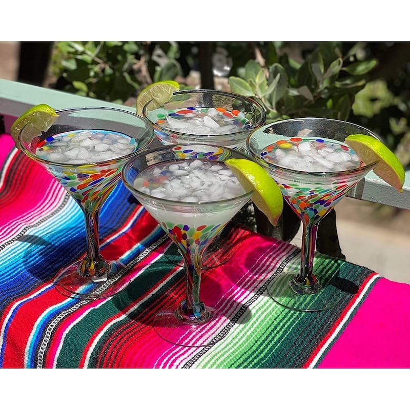 Dos Suenos Mexican Hand Blown Glass - Set of 4 Hand Blown Modern Margarita Glasses - Confetti Carmen (12 oz)