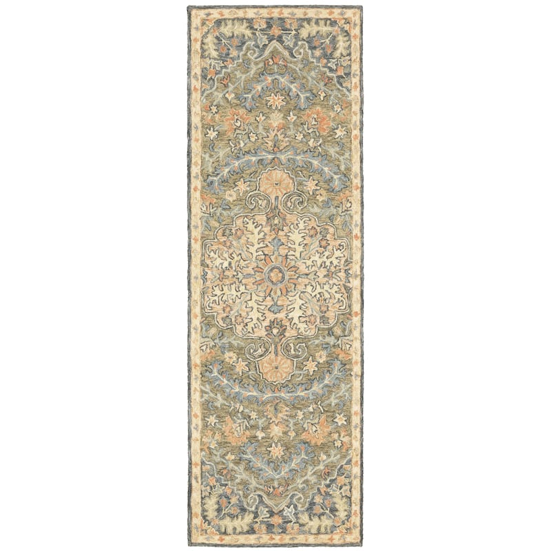 Style Haven Ava Hand-tufted Wool Loop-pile Bohemian Medallion Blue/Green/Salmon Rug - 2'6" x 8' Runner - Rectangle