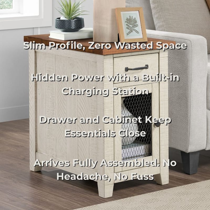 Rustic Solid Wood Chairside End Table with Hidden Charging Station
