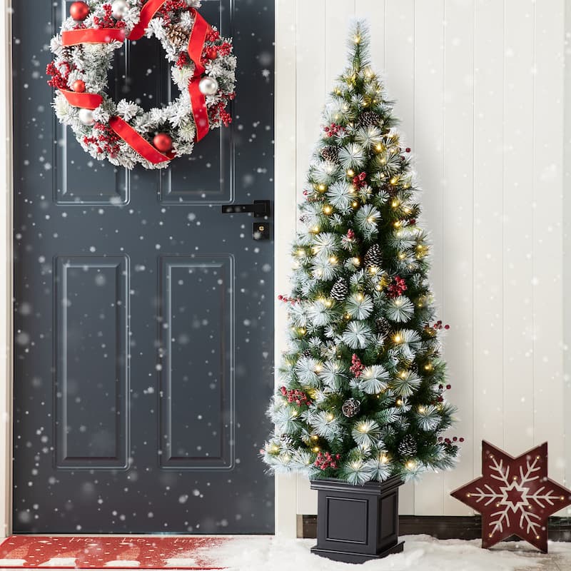 Glitzhome 4ft/5ft/6ft Pre-Lit Pine Artificial Christmas Porch Tree with Warm White Lights