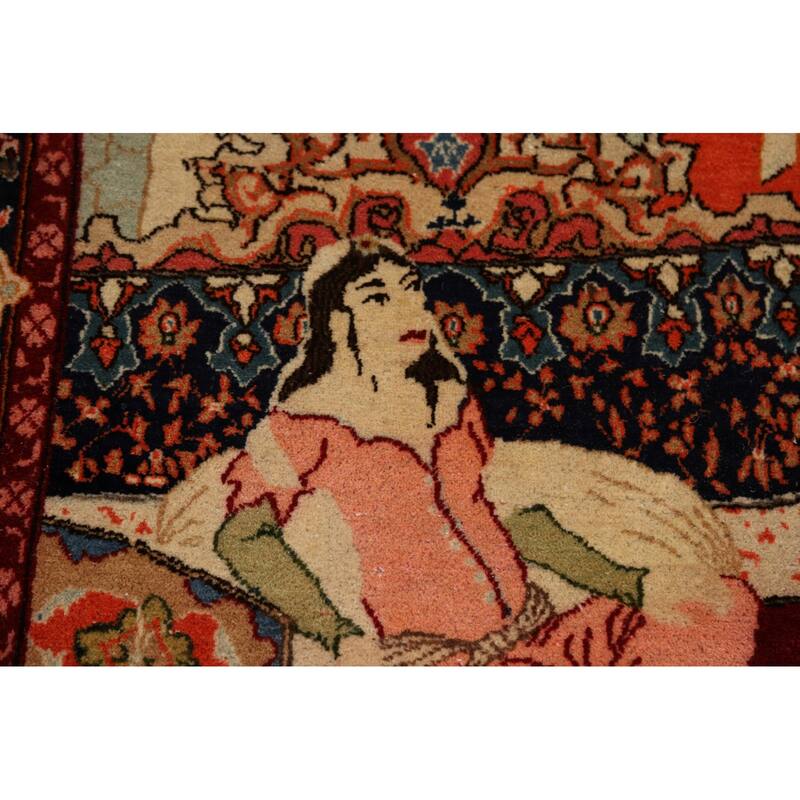 Pre-1900 Antique Pictorial Kashan Persian Rug Handmade Wool Carpet - 4'2"x 7'0"