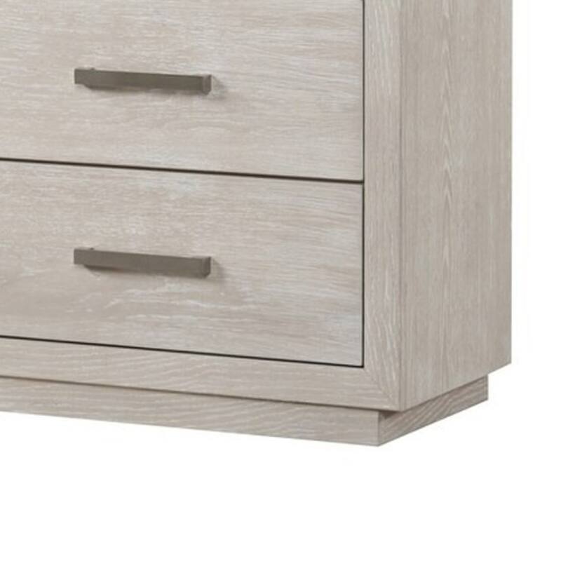 Kexa Wide Dresser, 6 Drawers, Light Gray Solid Wood, Nickel Metal