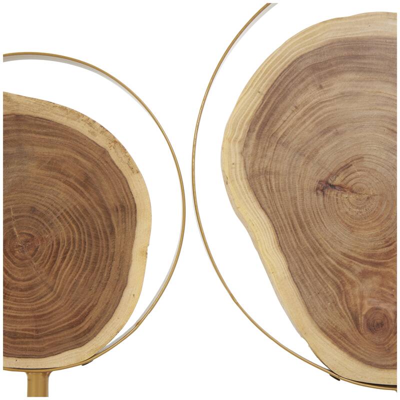 Wood Abstract Handmade Live Edge Slab Decorative Sculpture with Gold Metal Rings - Set of 2 Brown - Roche River Decor
