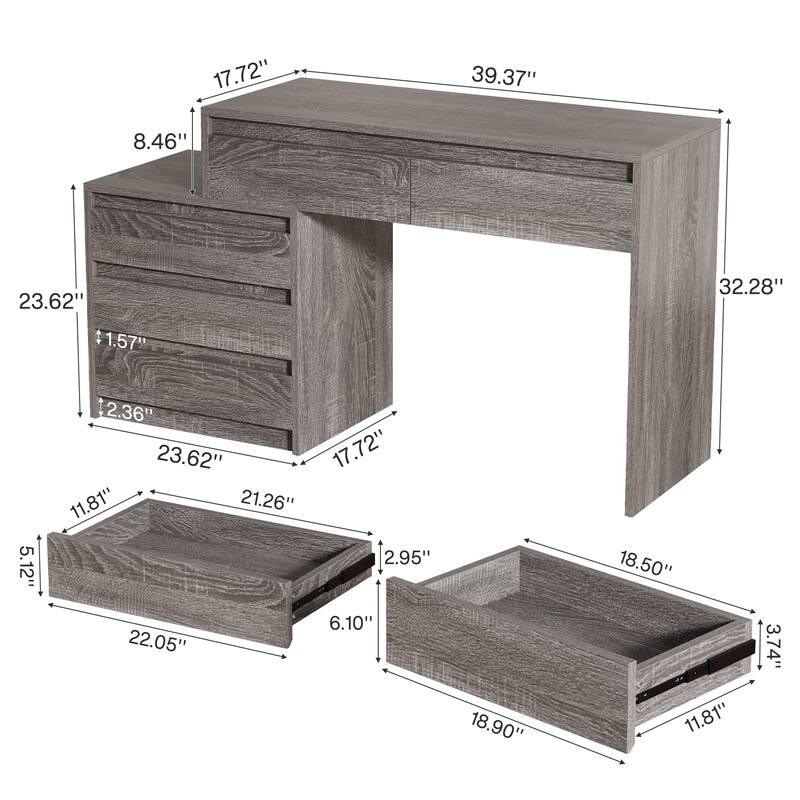 Industrial Computer Desk with 5 Drawers & File Cabinet, Rustic Wood Office Desk with Printer Stand for Small Spaces