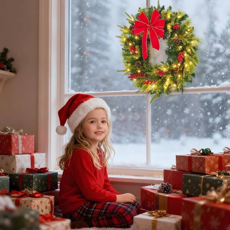 24-Inch Prelit Christmas Wreath with 50 LED Lights Large Red Bow Pine Cones and Berries Green - N/A