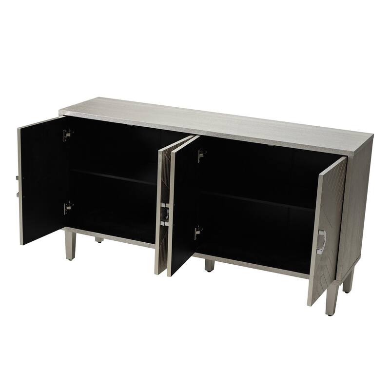 Storage Cabinet with 4 Sculpted Doors, Freestanding Wooden Accent Cabinet, Entryway Table with Semi-Circular Handle & Pine Legs
