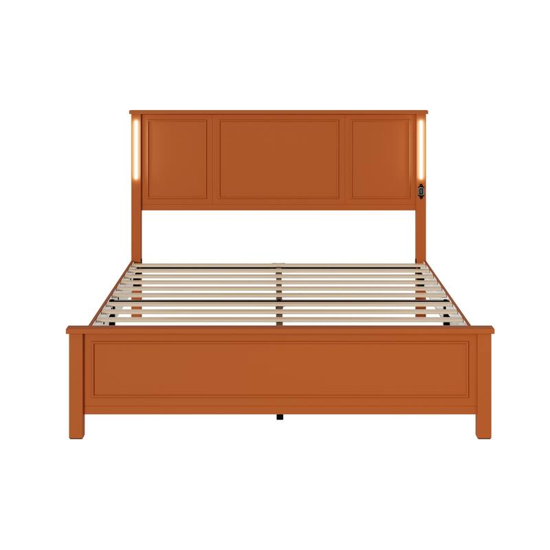 Queen Size LED Platform Bed with Wood Headboard and Charging Station