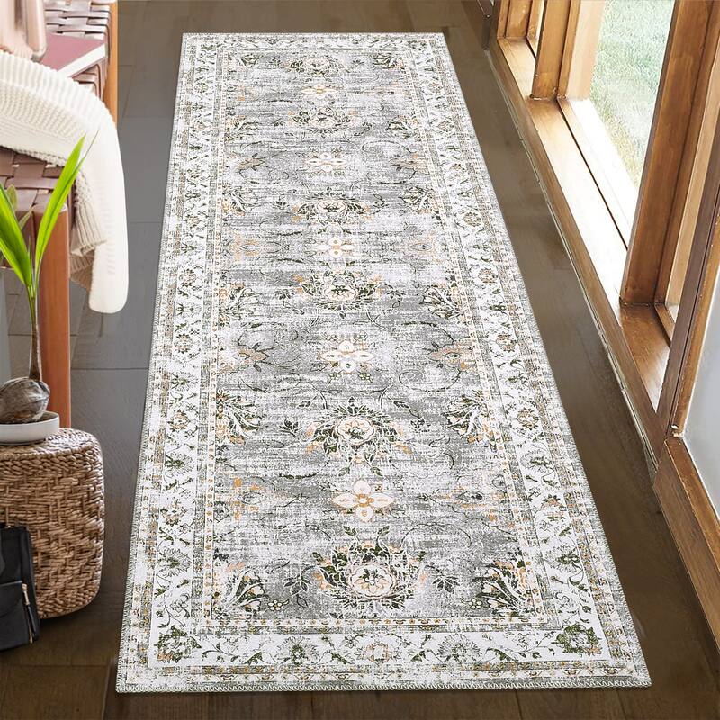Garvee Boho Rugs Bohemian Rugs Floral Distressed Area Rug - 2' x 6' Runner - Grey