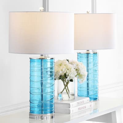 Coco 27.5" Modern Fused Glass Cylinder LED Table Lamp, Turquoise (Set of 2) by JONATHAN Y