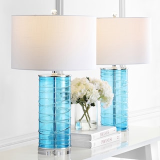 Coco 27.5" Modern Fused Glass Cylinder LED Table Lamp, Turquoise (Set of 2) by JONATHAN  Y
