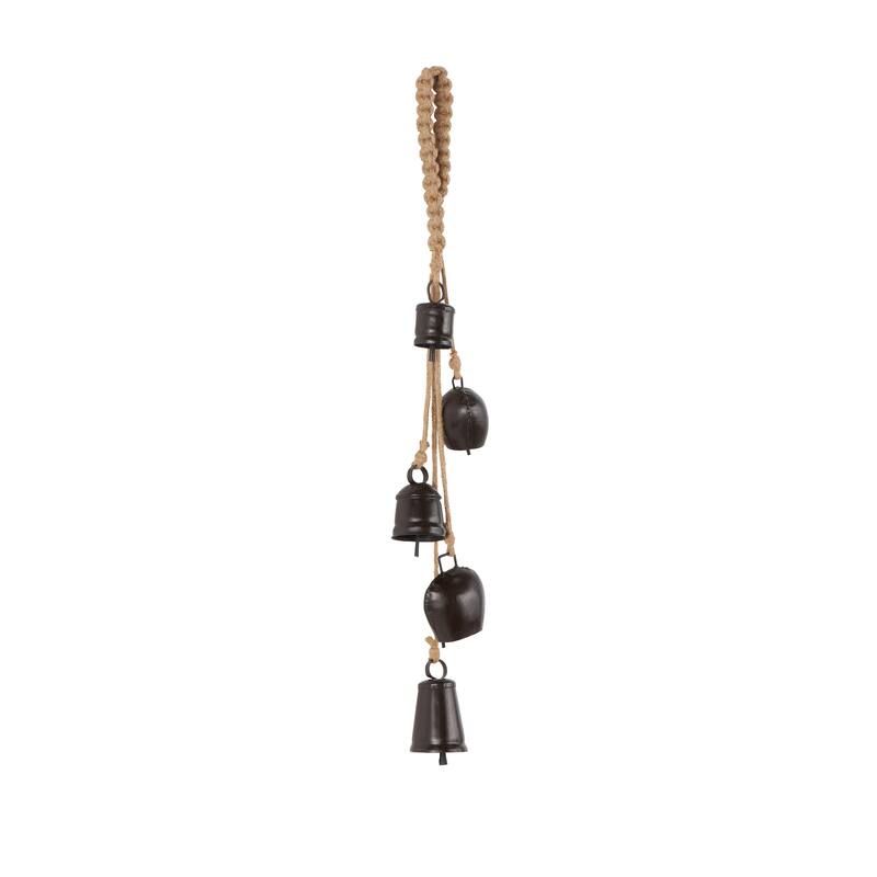 Gold, White or Black Metal Tibetan Inspired Cascading Indoor Outdoor Decorative Cow Bells with 5 Bells on Jute Hanging Rope