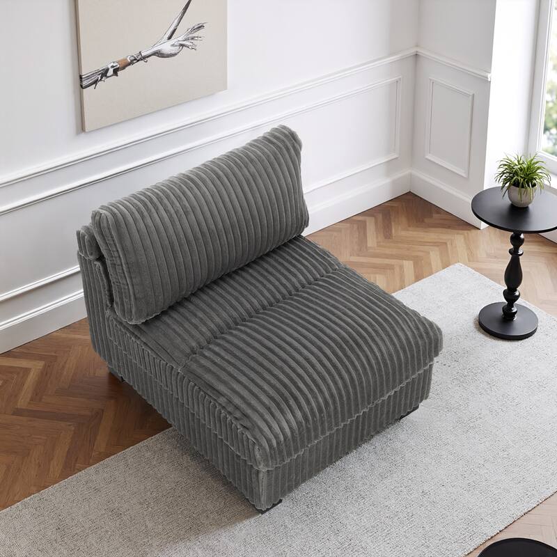 33" W Plush Corduroy Armless Chair Sectional Module with Pillows - Light Grey