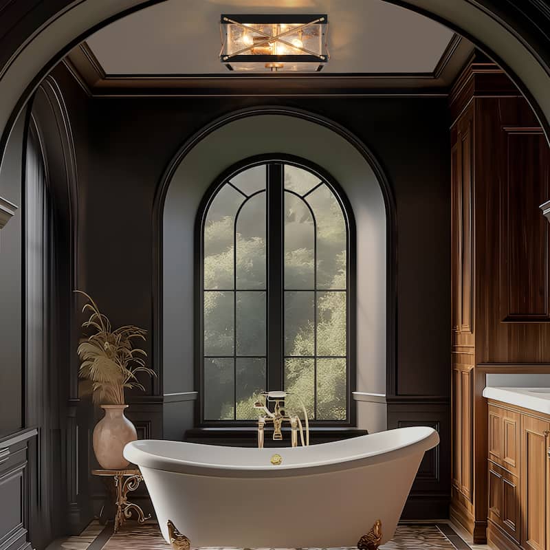 Modern Black Gold 3-Light Seeded Glass Semi-Flush Mount Ceiling Light for Kitchen