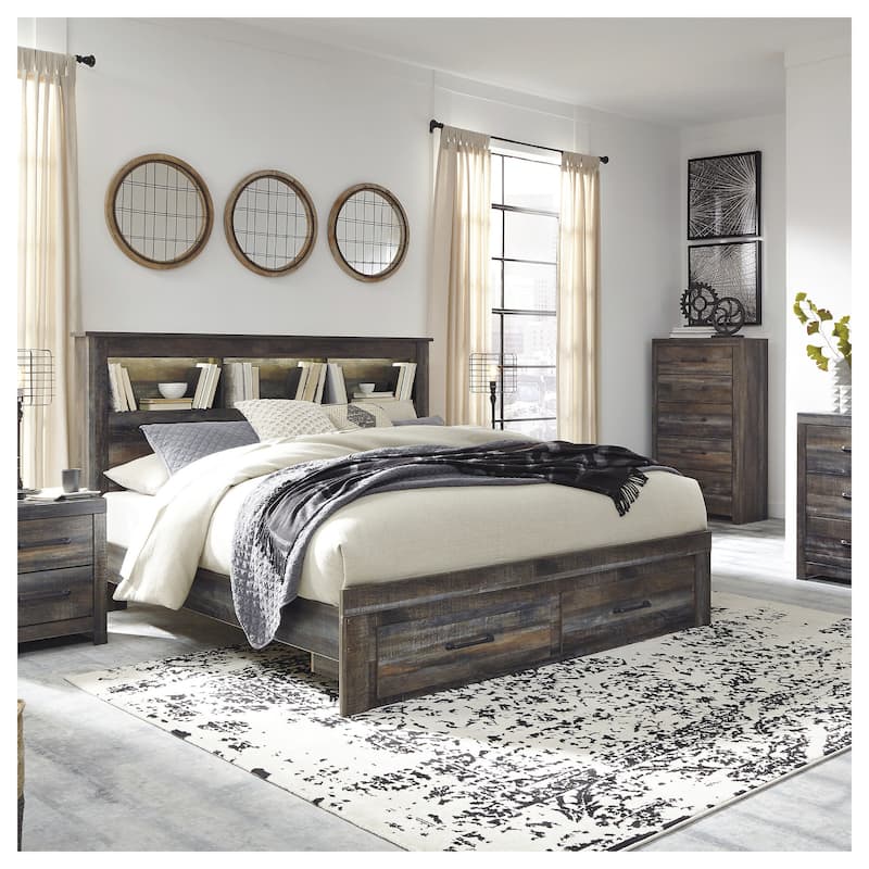Drystan Rustic Brown Bookcase Bed with Footboard Storage Drawers - King