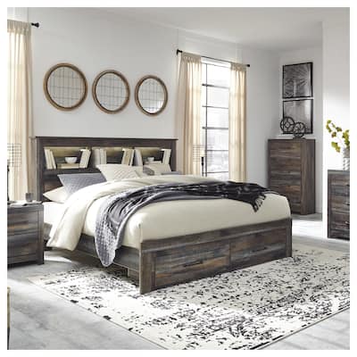 Drystan Rustic Brown Bookcase Bed with Footboard Storage Drawers