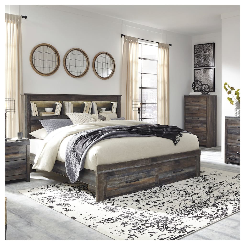 Drystan Rustic Brown Bookcase Bed with Footboard Storage Drawers