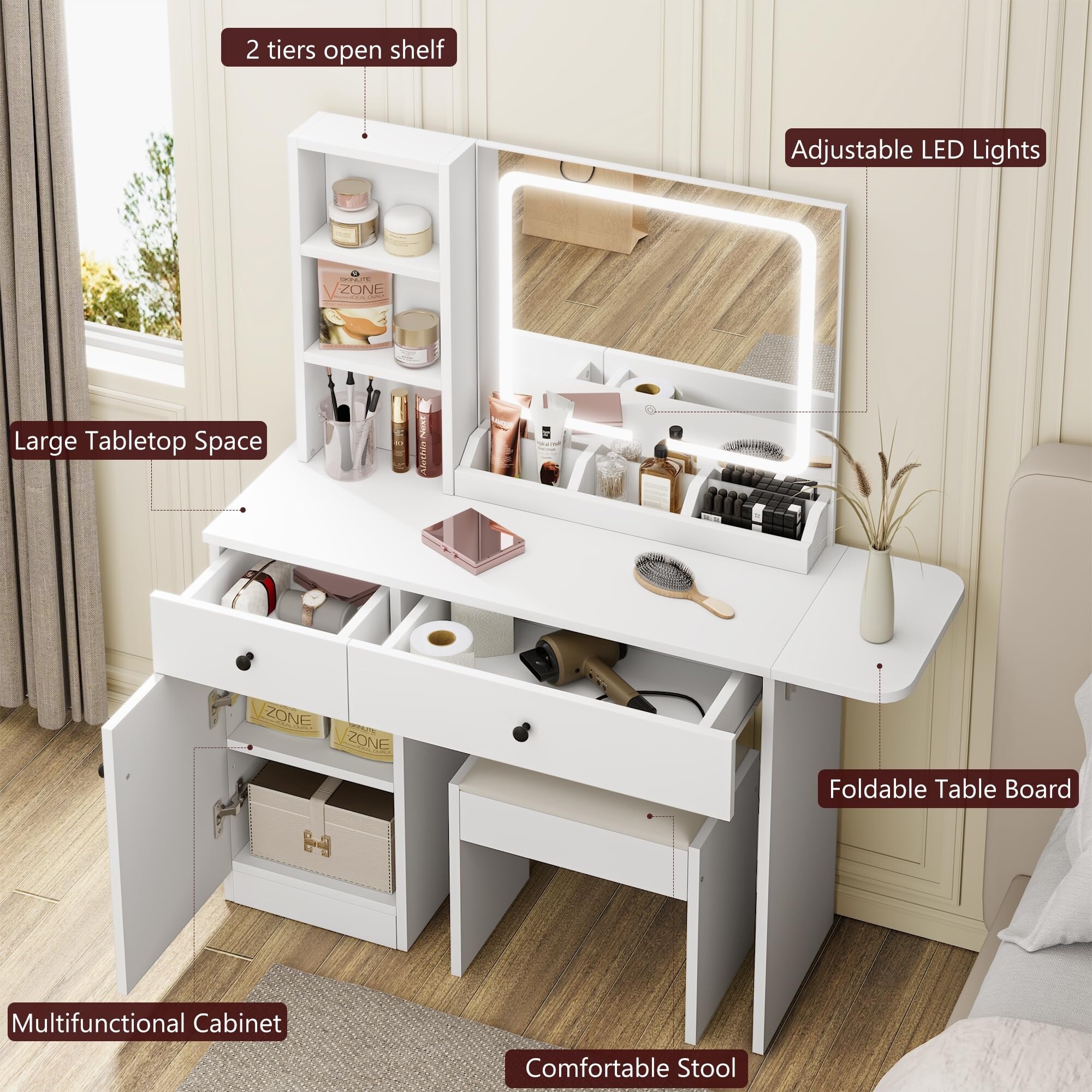 Brown Vanity Desk with LED Lighted Mirror & Power Outlet, Makeup Vanity with Drawers & Cabinet & Chair