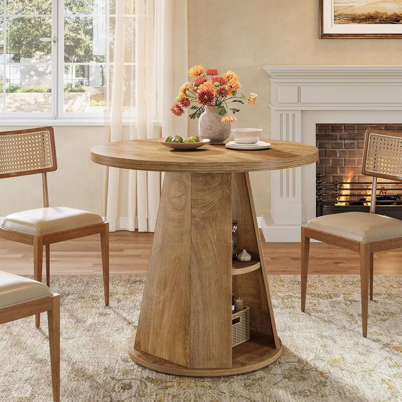 31.5" Small Round Wood Dining Kitchen Table for 2 with Storage Shelf - 31.5" W x 31.5" D x 29.5" H