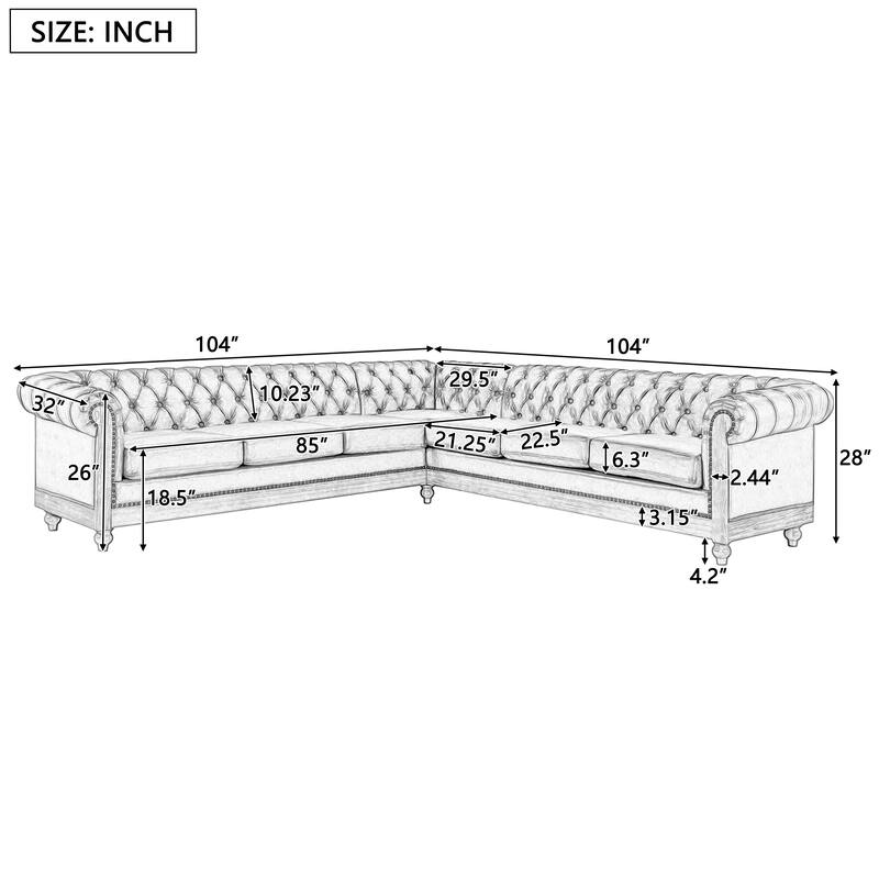 Comfy Retro Dark Brown PU Sectional Sofa with Wooden Legs, 104x104x28 inches, 233 lbs for Living Room