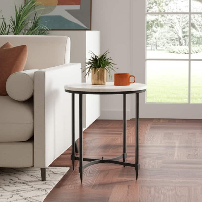 Marble Side Table Round Top Metal Base Small Spaces Home Decor - 19.5" x 14.5" x 20.5"