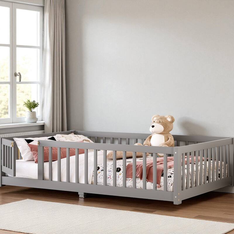 Twin/Full/Queen Size Wood Floor Bed with Door and Guardrails for Kids, Montessori Bed with Removable Slats