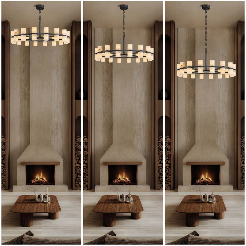 Modern Alabaster Glass Chandelier, Round or Linear Pendant Light with Up & Down Shades, D600-L1370, Copper or Black Finish