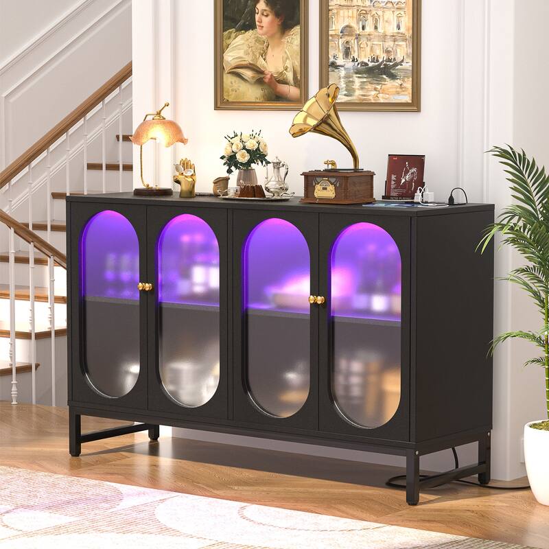 Modern Farmhouse Black Sideboard Buffet with USB Port, Black Storage Bar Cabinet with LED Light