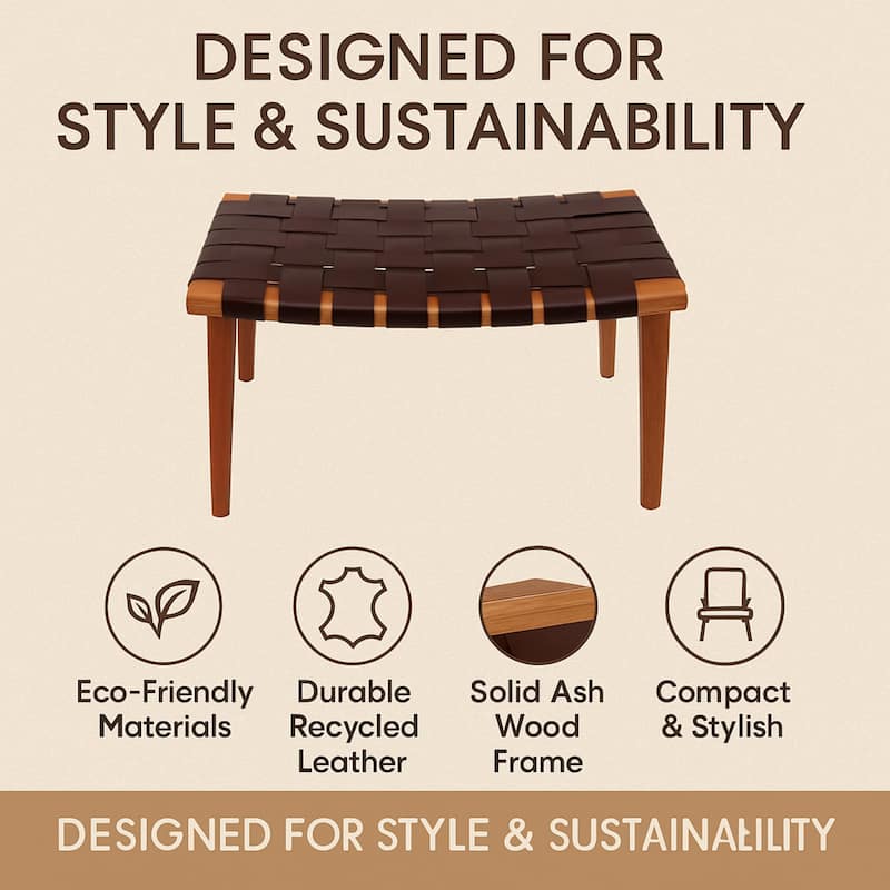 Aria Home Brown Rene Accent Stool with Recycled Leather Seat & Ash Wood Frame