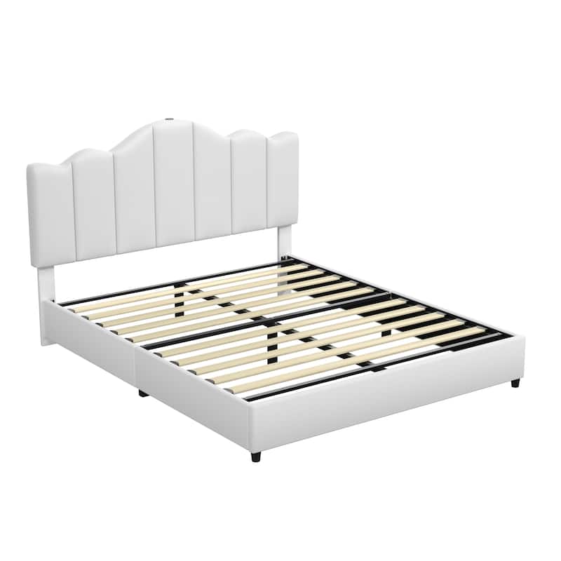 VECELO Platform Bed Frame with Type-C & USB Charging Stations Upholstered Adjustable Headboard Strong Wooden Slats Support