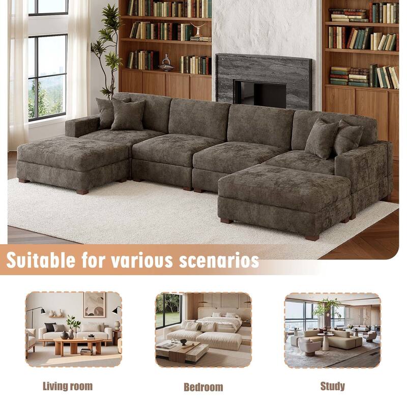Oversized Chenille Modular Sectional Sofa Conversation Set with 2 Ottomans