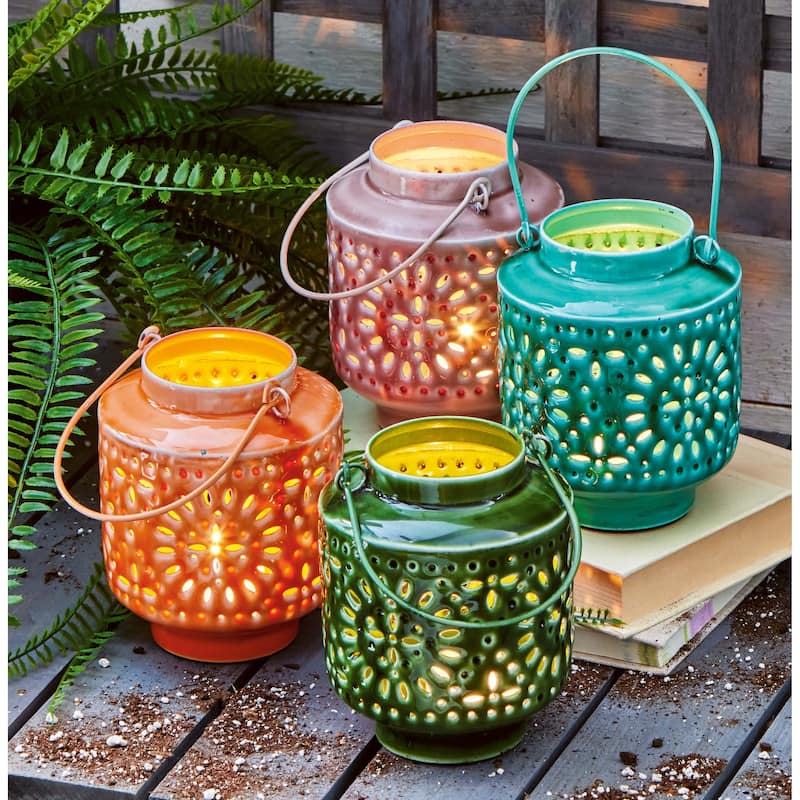 Aura Enamel Lantern Small Tangerine - Candle Holder for Summer & Spring, 4.75" H x 3.5" L x 3.5" W