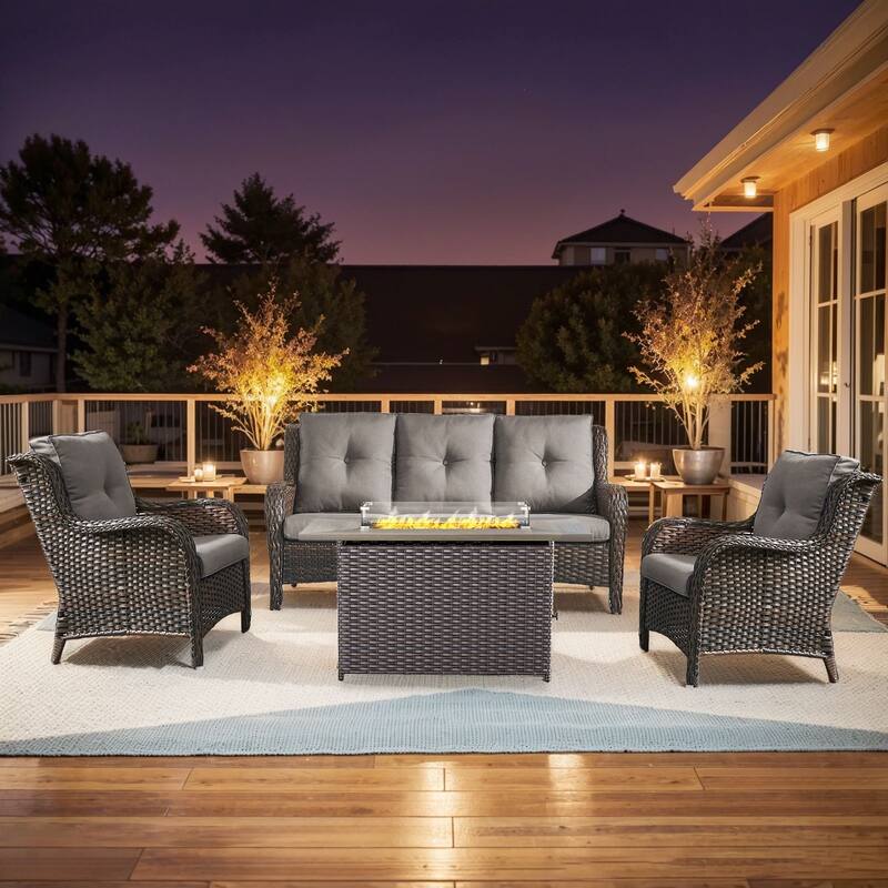 Gymojoy 4-Piece Outdoor Wicker Furniture Set, 2 Patio Chairs, 3-Seat Sofa & Fire Pit Table - Brown Wicker / Grey Cusion - 4-Piece