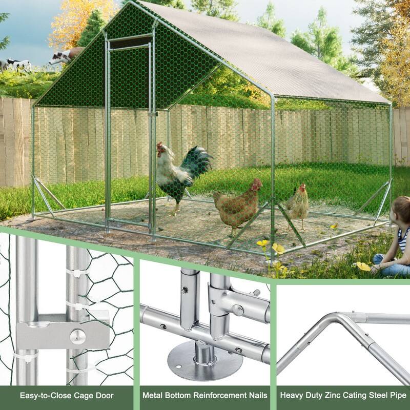 Large Metal Chicken Coop, Walk-in Chicken Run with Waterproof Cover - Silver