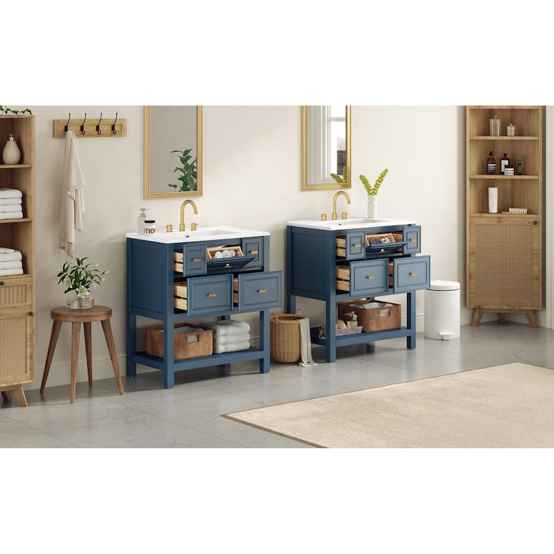 60'' Bathroom Vanity With Ceramic Sink Combo, Free Standing Single Vanity Set With 5 Drawers,Solid Wood FrameStorage Cabinet