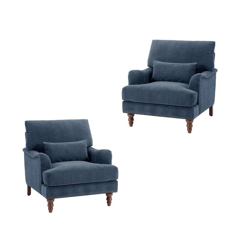Chenille Accent Chairs with Lumbar Pillows Nailhead (Set of 2)