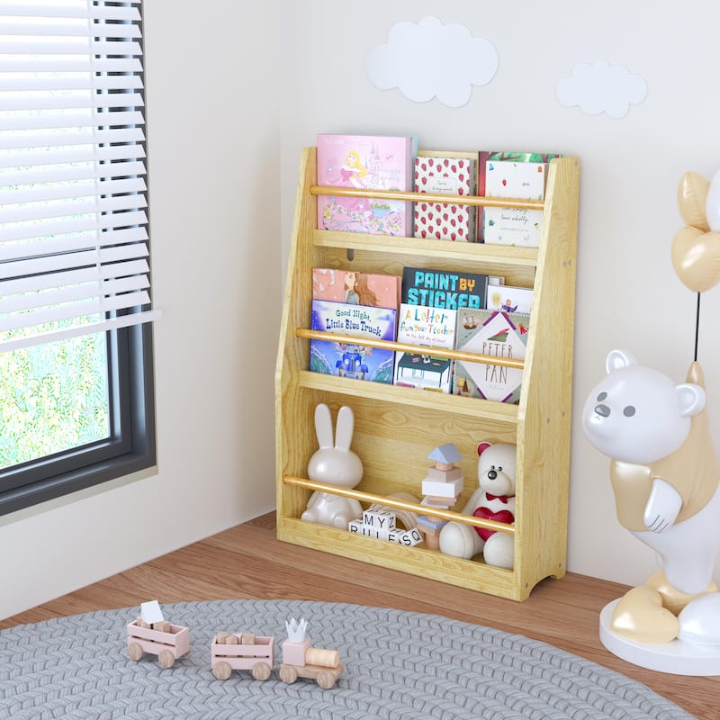 Anmytek 3-Tier Kids Wall Bookshelf with Slanted Front & Guardrails, Pastel Finish Wooden Display for Bedroom