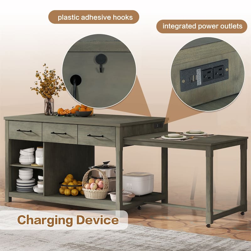 Extendable Kitchen Island with Built-In Power Outlets and Open Shelves