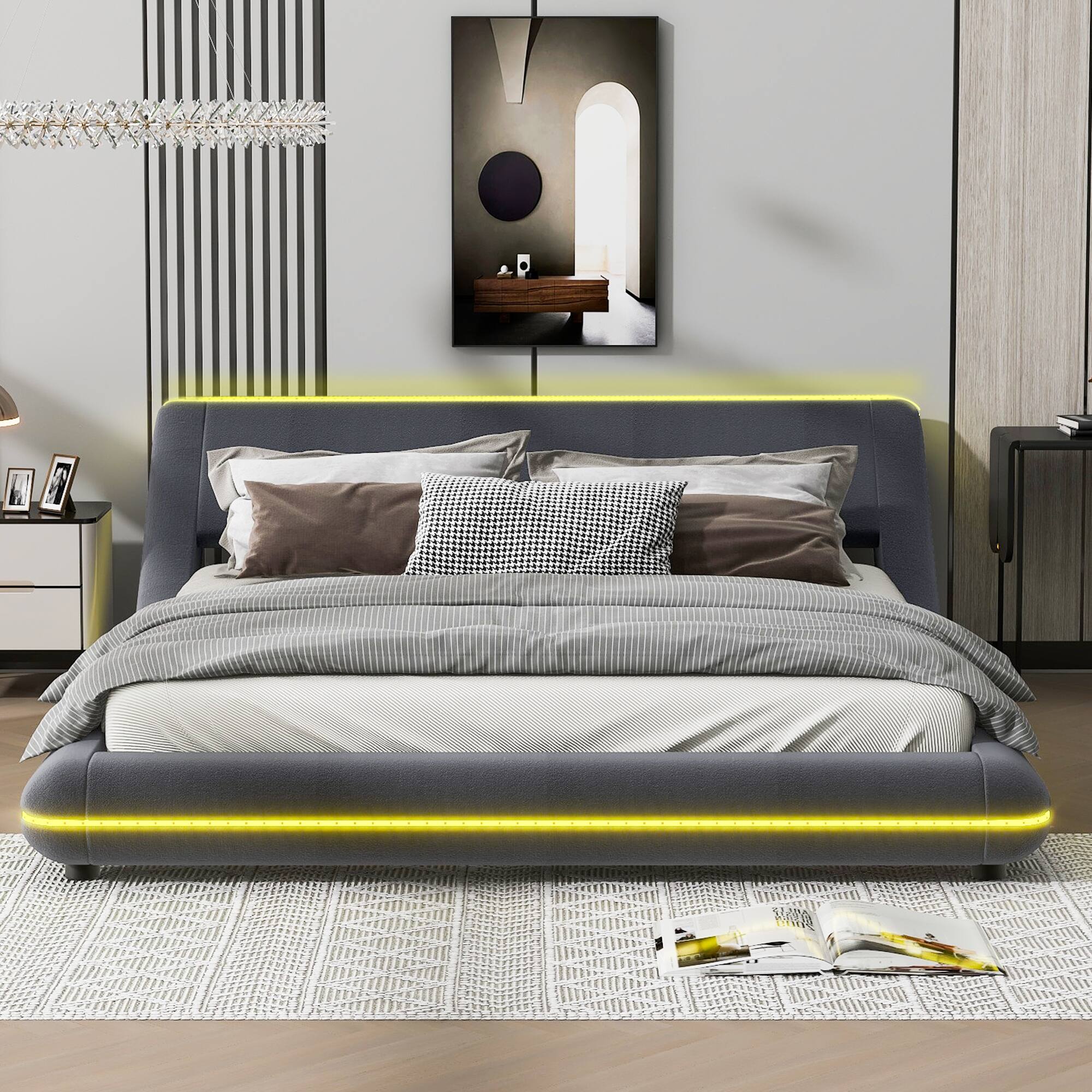 Queen Leather Upholstery Platform Bed Frame with Sloped Headboard,Gray