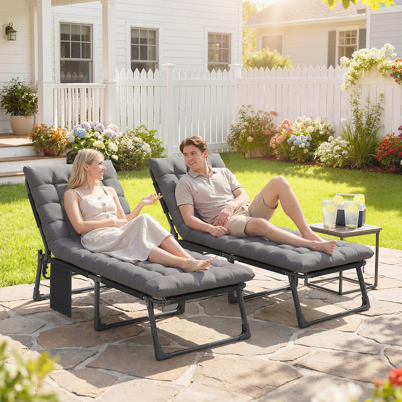Outsunny Chaise Lounge Chair Outdoor Set of 2, 5-Position Reclining Pool Lounge Chairs with Cushions, Side Pocket - Grey