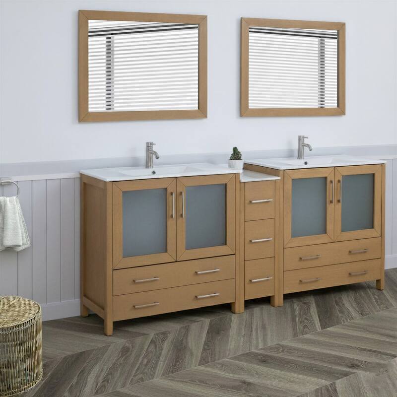 Vanity Art 84" Double Sink Bathroom Vanity Set 7 Dove-Tailed Drawers, 3 Cabinets, 2 Shelves, Soft-Closing Doors with Free Mirror