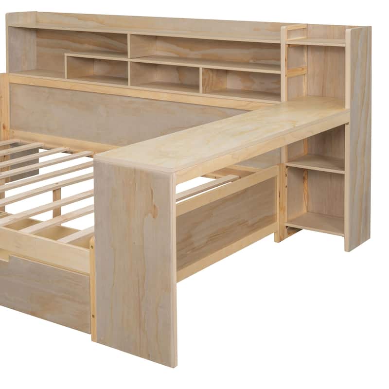 Wooden sofa bed with two storage drawers and desk