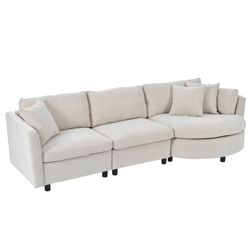 Curved Chenille Fabric Sofa with 3 Pillows, Removable Cushions, Wood Frame for Living Room