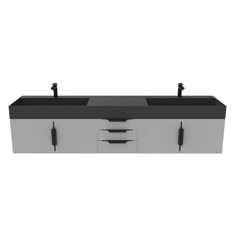 Amazon 84" Wall Mounted Double Bathroom Vanity Set w/ Black Top - Matte - Grey