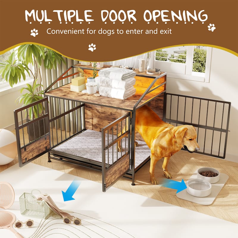 Dog Crates with Storage, Dog Crate Furniture Large Wooden Dog Kennel with Double Doors