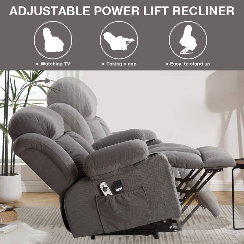 Power Lift Velvet Recliner Chair w/Heat and Massage & USB Charge Port