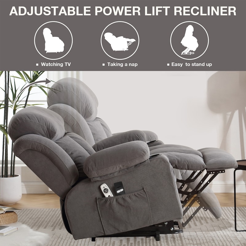 Rossetta Power Lift Recliner Chair with Heat and Massage with Side Pocket, USB Charge Port, Remote Control