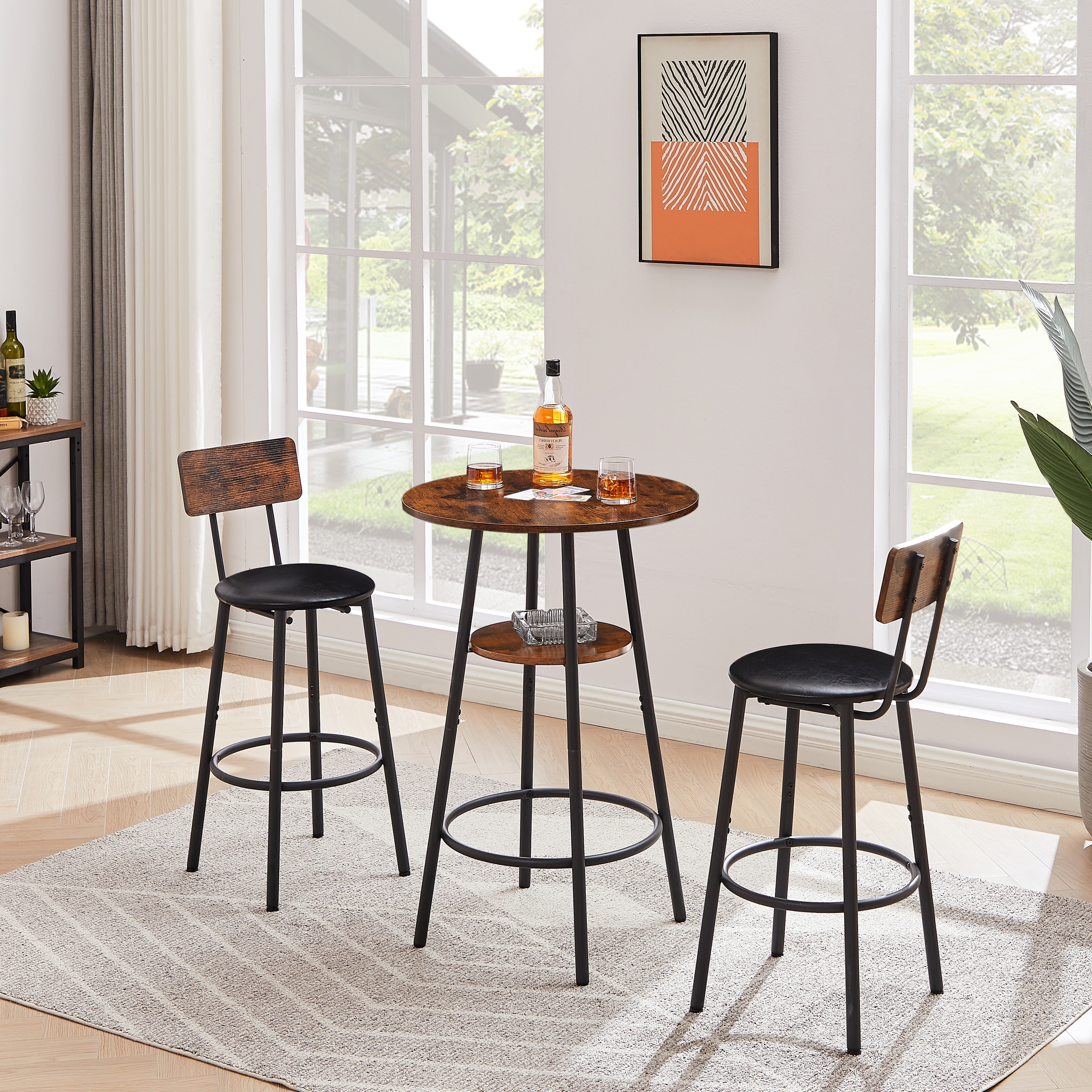 3 Pcs Round Dining Bar Table Stool Set with Storage Shelf 2 Upholstered Stool with Backrest Retro Style Bar Kitchen Set for 2