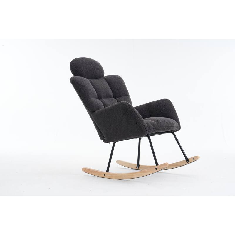 Comfortable Teddy Fabric Upholstered Rocking Chair with High Backrest and Pillows for Indoor Use