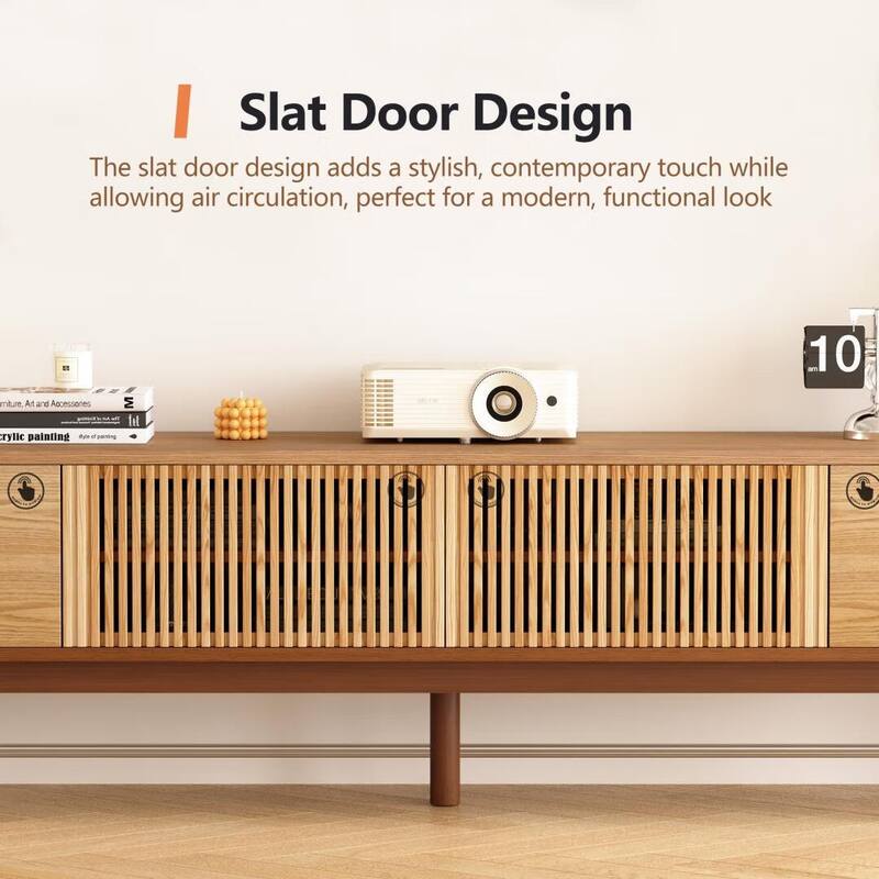 86.6" Solid Wood TV Stand with Slatted Door Design, Media Console for 90" TVs, - 86.6"Wx15.7"Dx20.8"H